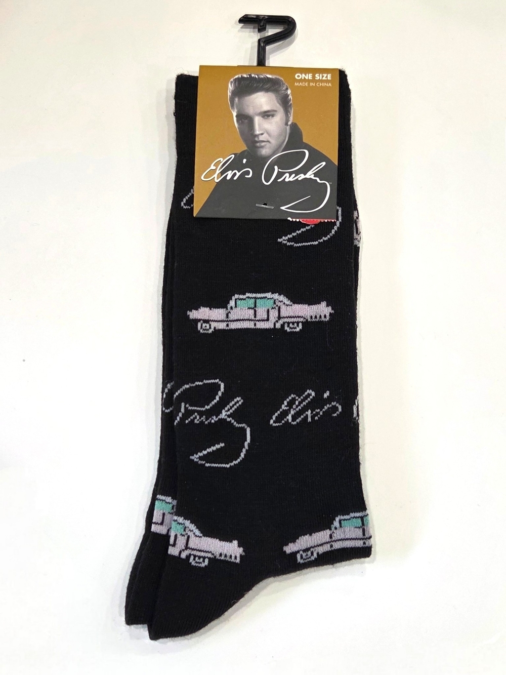 NWT Official Elvis Presley Pink Cadillac Black Crew Socks Men's Size 7-12 - Picture 1 of 4
